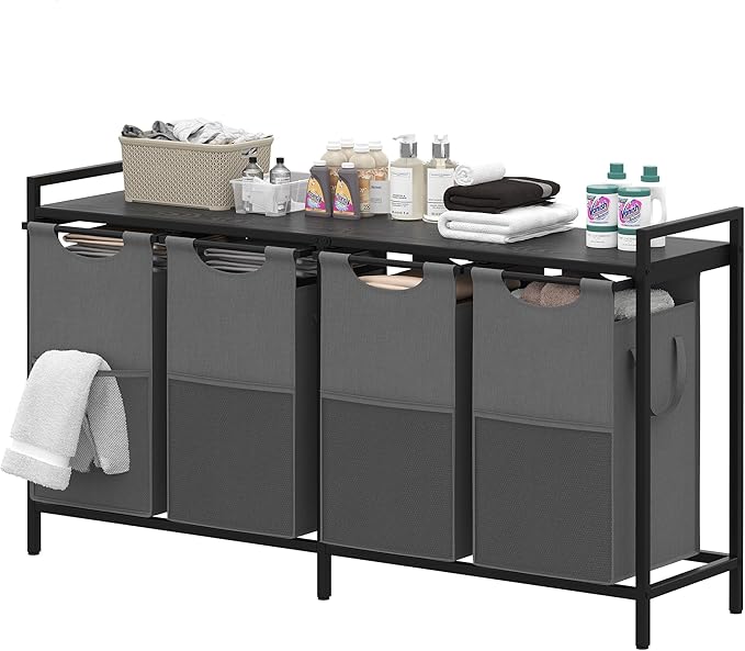 Heybly Laundry Hampers, 4 × 12.5 Gal Laundry Basket with Large Desktop Sorter for Laundry Room organization, Bathroom and Dorm Laundry Bags on Storage Shelf, Black and Gray HLH004BG