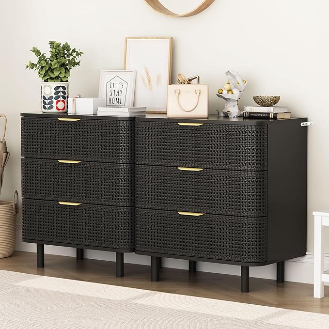 ORRD 3 Drawer Dresser Set of 2, Modern Iron Rattan Cabinet Dresser for Bedroom, Large Nightstand Accent Storage Chest of Drawers for Living Room, Bedroom - Black