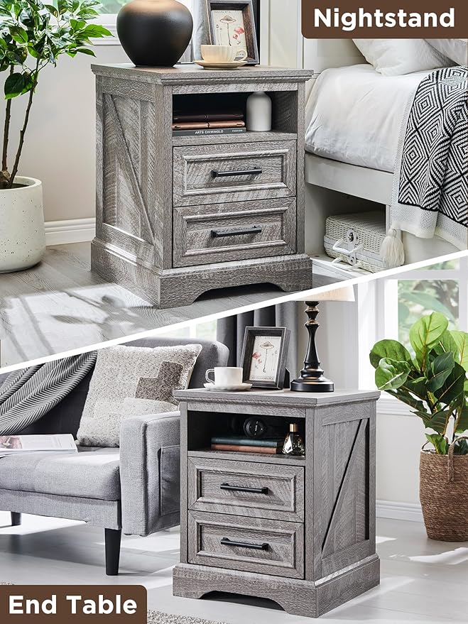 ACCOHOHO 18" Farmhouse Nightstand Set of 2 with Charging Station,End Table with 2 Drawers Storage,Side Table,Bedside Cabinet for Bedroom,Living Room, Grey