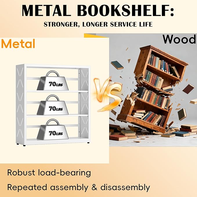 3 Tier Bookcase,Industrial Bookshelf,34" White Metal Wide Bookshelf with Adjustable Feet and Adjustable Shelves,Home Office Bookcase Shelf Storage Organizer for Living Room、Kitchen