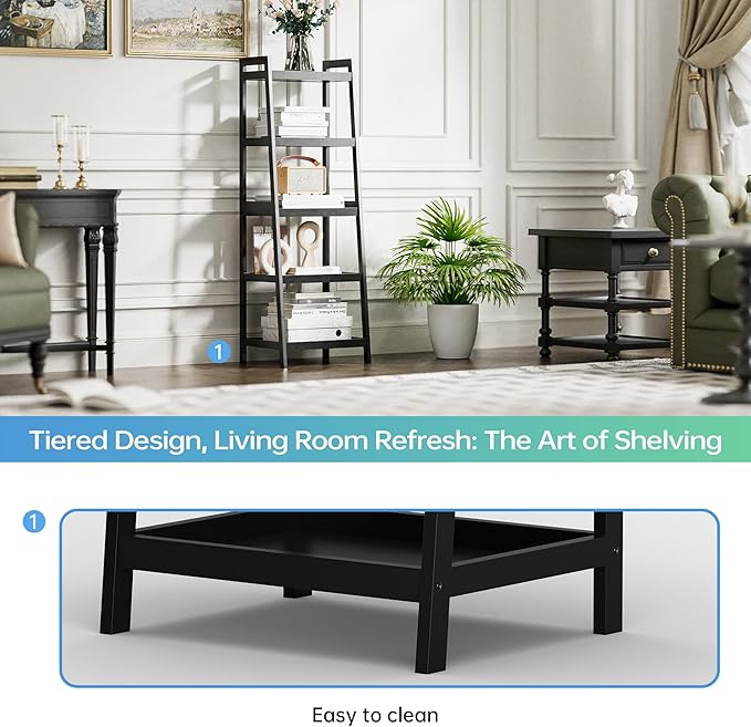SMIBUY Bamboo Ladder Bookcase, Bathroom Storage Rack Organizer, 4 Tier and 5 Tier Freestanding Plant Display Stand Space Saver Shelves for Bedroom, Kitchen, Balcony (Black, 5 Tiers (50" H))
