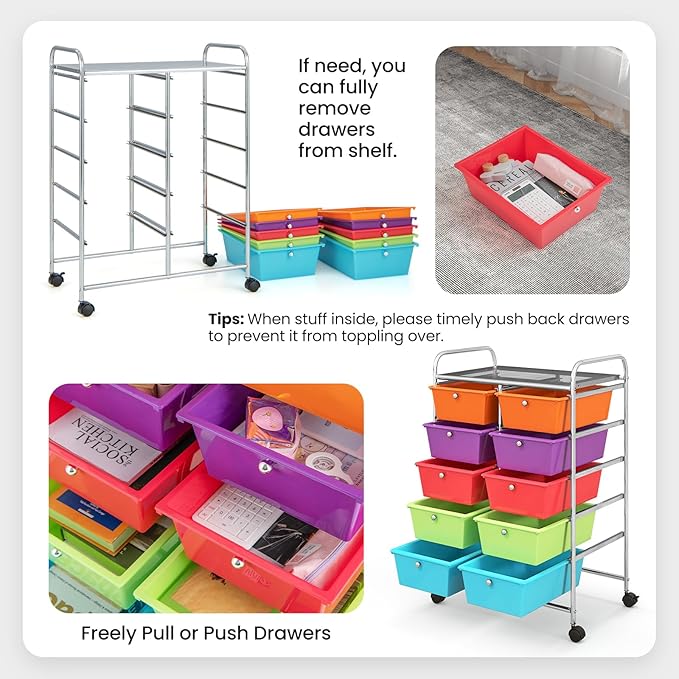 Giantex 10 Drawers Rolling Cart, Classroom Organizers, Storage Cart with Wheels, for Teacher Office Home School Supplies Tool Craft Art Paper, Rainbow Color