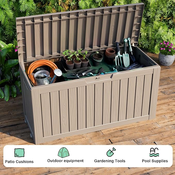 76 Gallon Outdoor Deck Box,Storage Lockable Waterproof Patio Furniture,Garden Tools,Cushions,Pool Accessories Outside Storage Resin Box(Grey)