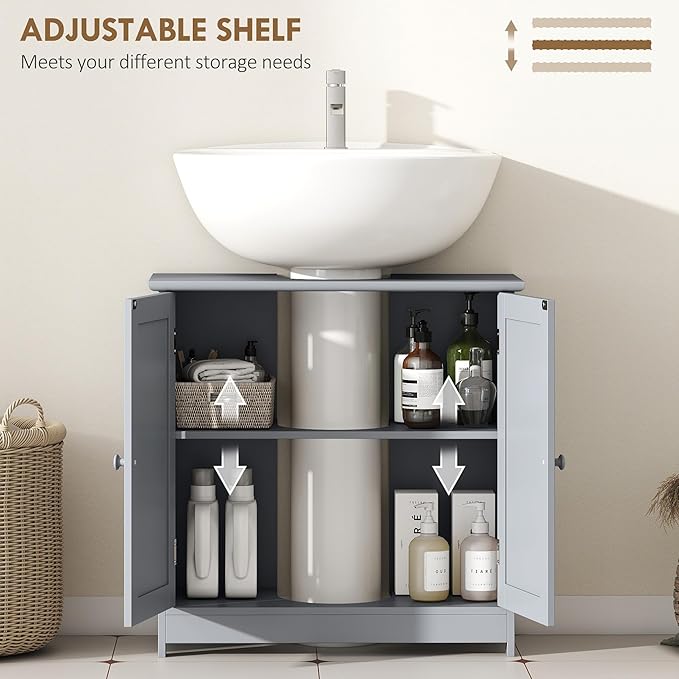 HOMCOM Under Sink Bathroom Cabinet with 2 Doors and Shelf, Pedestal Sink Bathroom Vanity Cabinet, Gray