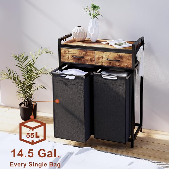 Laundry Hamper, Laundry Sorter 2 Section, Rolling Laundry Basket with Wheels, 2 Drawers, 2 × 14.5 Gal (55 L), Pull-Out and Removable Oxford Fabric Bags, Black and Rustic Brown