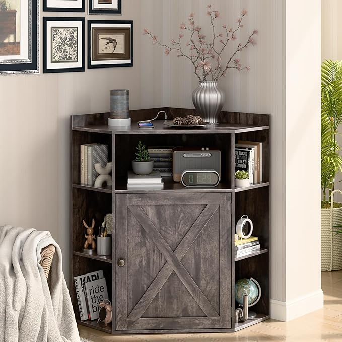 Corner Storage Cabinet, Farmhouse Corner Bookshelf with Storage 6-Cubby Wooden Cabinet with USB Ports and Outlets Industrial Organizer for Small Space, Study, Playroom, Living Room