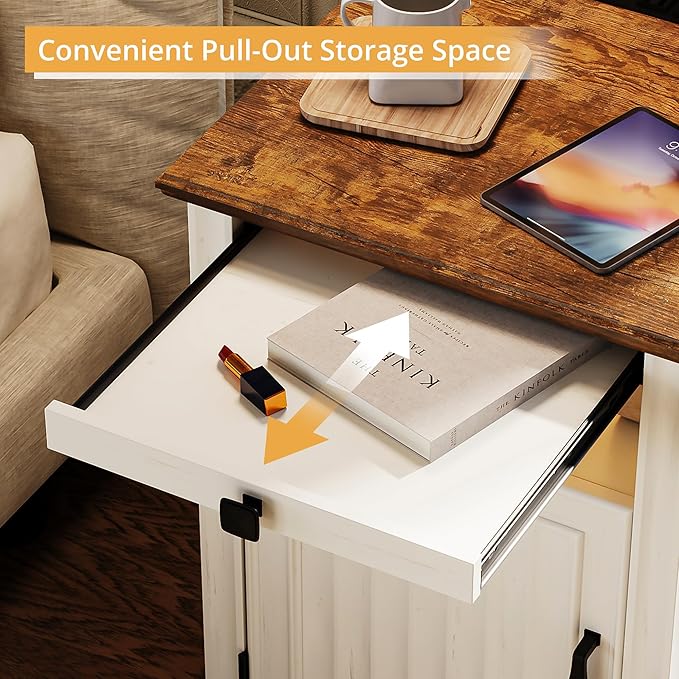 IRONCK Farmhouse Nightstand with Charging Station and LED Light, Wood Side Table with Storage Cabinet & Open Shelf，Bedside Table with Pull-Out Shelf for Bedroom, White