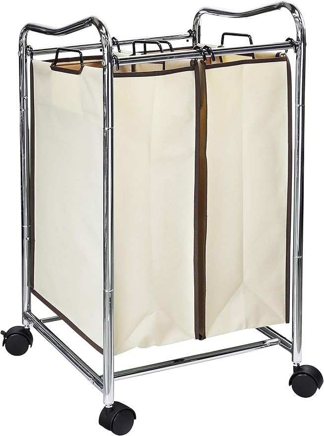 Simple Houseware 2-Bag Heavy Duty Rolling Laundry Sorter Cart, Chrome – 2 Section Removable Bags and Lockable Wheels for Laundry Room Organization