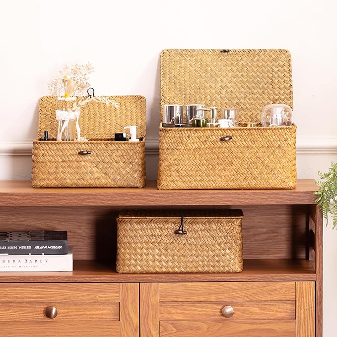 Nonam Storage Basket with Lid, Natural Seagrass Bin with Lid Set of 3, Shelf Baskets Multipurpose Container for Boho Decoration, Rectangular Household Storage Boxes for Home Organization