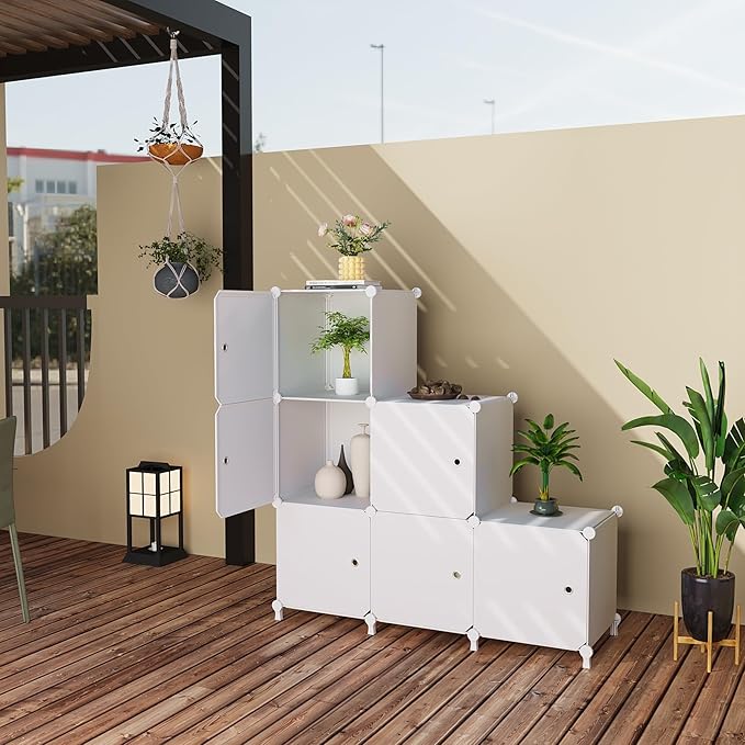 Cube Storage Organizer, 6-Cube Shelves Unit with Doors, DIY Stackable Plastic Clothes Organizer for Bedroom and Under Stairs Storage Unit, Each Compartment 30 x 30 x 30 cm White ATTSL6002