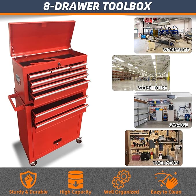 8-Drawer High Capacity Rolling Tool Chest, Removable Cabinet Storage Tool Box with Wheels and Drawers, Detachable Toolbox with Lock for Workshop Mechanics Garage