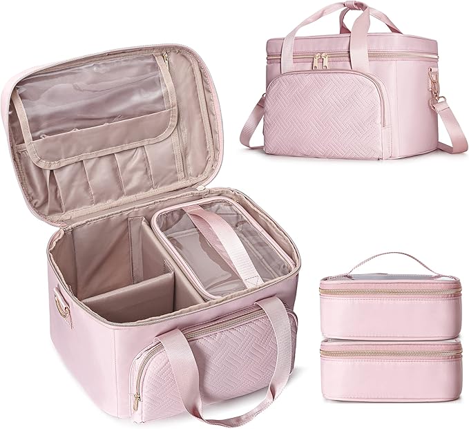 Travel Makeup Bag with 2 Pouches and Adjustable Dividers, Large Cosmetic Case Make up Organizer for Women Fits Bottles Vertically, Pink (Patented Design)