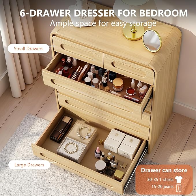 Tall Dressers for Bedroom, 6 Drawers Dresser & Chest of Drawers with Pre-Installed Slides&Curved Profile Design, Modern Closet Storage Wood Dressers Organizer for Living Room Hallway, Oak