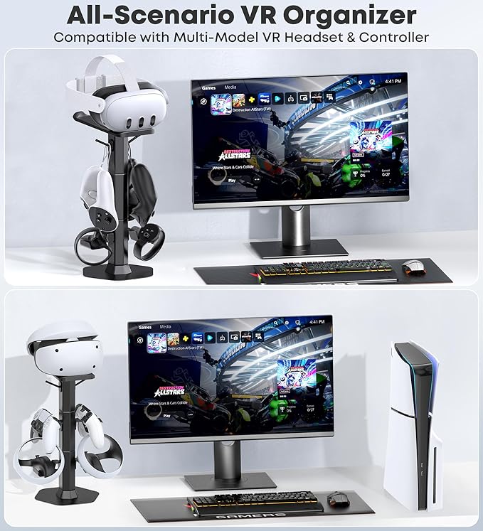 Headphone & Controller Stand with VR Headset Holder for Desk, Universal Gaming Controller & Headset Holder for PS5/Xbox/PSVR2/Meta Quest Pro/3/2, Headphone/Controller/VR Storage with Cable Organizer