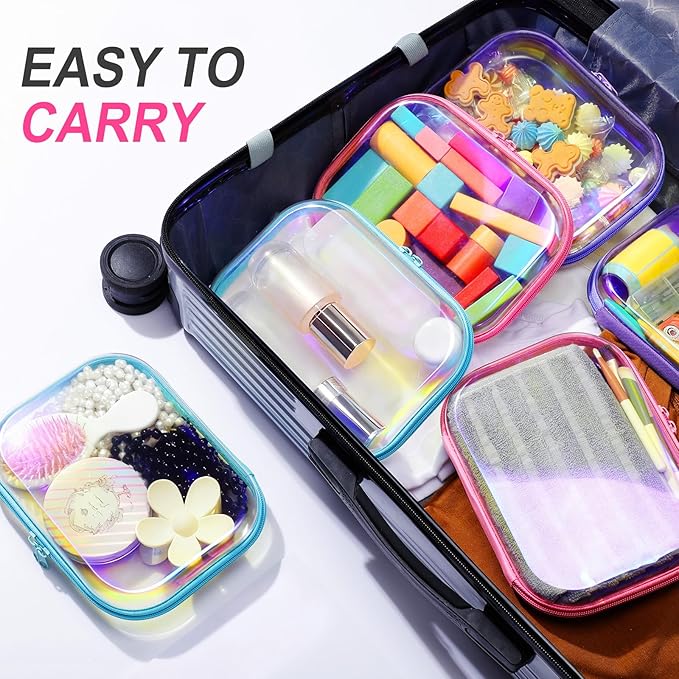 Sanwuta 6 Pcs Clear Hard Zipper Case Hard Plastic Zipper Pouches Transparent Makeup Bag Pencil Pouches for Travel Snacks Christmas Trinket Storage Organizer Box(Holographic,7.87 x 5.9 x 2 Inch)