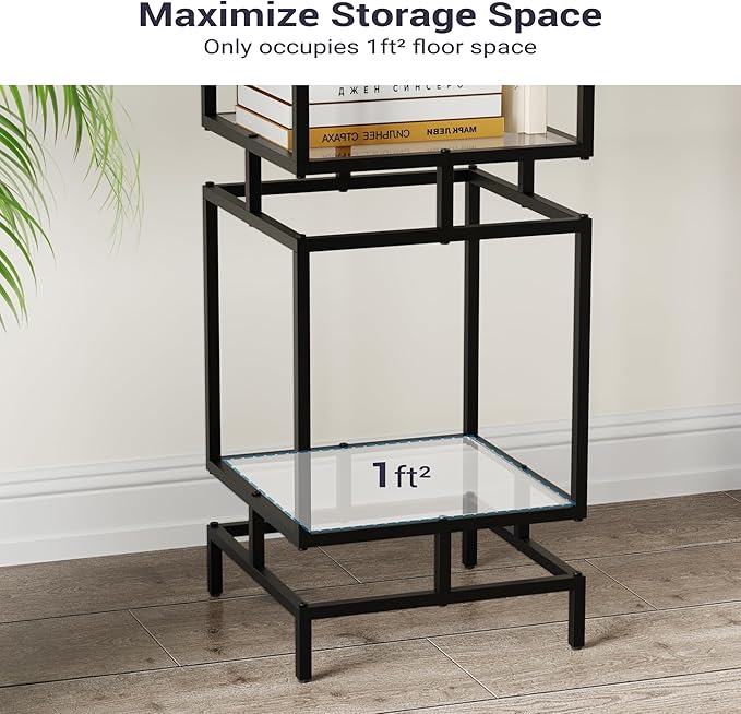 4 Cube Glass Shelf, 4-Tier Bookshelf, Display Shelf Rack, Metal Storage Rack with Tempered Glass, Modern Style for Living Room, Bathroom, Kitchen, Black