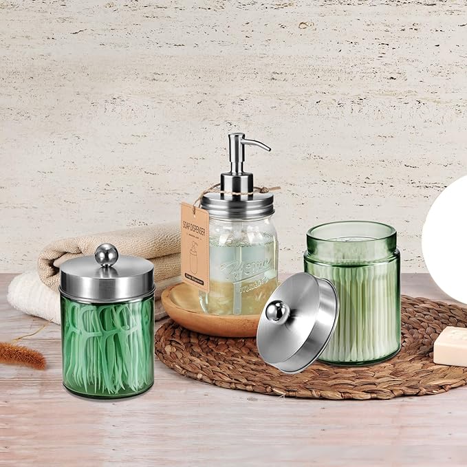 Amolliar Sage Green Qtip Holder, Glass Apothecary Jar Metal Lid & Sticker, Bathroom Qtip Dispenser Storage Canister, Perfect for Cotton Balls Swabs, Round Pads, Bath Salt, Floss, Brushed Nickel 4 Pack