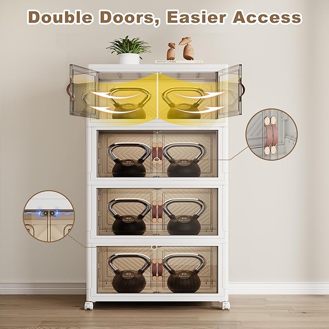 SAILUN 628QT Stackable Storage Bins with Lid, Collapsible Storage Bins With Doors and Wheels, Folding Plastic Cabinet Containers for Home Kitchen Closet Organization, 4 Pack