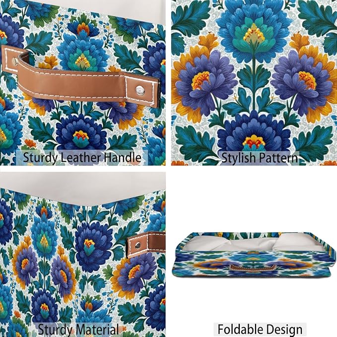 TropicalLife 13x13x13 Inch Large Fabric Storage Cube Blue Flowers Print Foldable Storage Bin with Handles Organizer Boxes Cube Basket for Shelves Organizing Closet