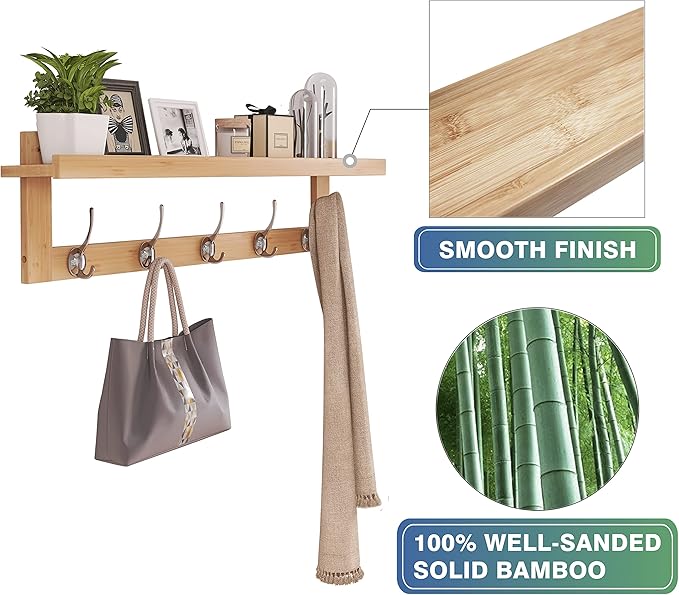 SMIBUY Coat Hooks with Shelf Wall-Mounted, 29.2 Inch Entryway Coat Rack for Wall, Bamboo Hanging Shelf with 5 Double Metal Hooks for Bathroom, Bedroom, Kitchen, Living Room, Mudroom (Natural)