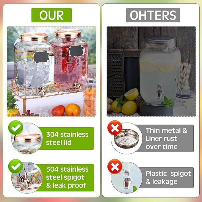 Lallisa 3 Pcs 2 Gallon Glass Drink Dispenser with Stand and Lid Mason Jar Beverage Dispenser with Stainless Steel Spigot, Hanging Chalkboard Signs, Fruit Infuse, Ice Cylinder, Liquid Pen (Rose Gold)