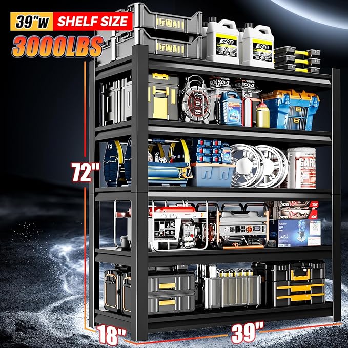 39" W Garage Shelving,5-Tier Heavy Duty Shelving Unit,3000LBS Adjustable Metal Storage Shelves,Storage Rack Units for Industrie,Shed,Warehouse,Basement,Black,39" W x 18" D x 72" H