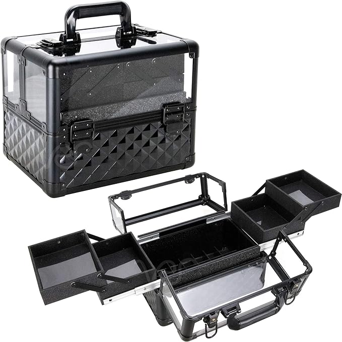 Ver Beauty Armored Acrylic Cosmetic Case Organizer Train Makeup Case with 4 Extendable Trays and Bottom Compartment Key and Lock (Black Diamond)