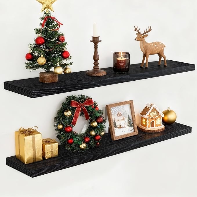 Fun Memories Black 55Inch Floating Shelves for Wall 2 Pack Shelves for Bedroom|Kitchen|Bathroom Wall Mounted Rustic Wood Floating Shelf with Invisible Brackets for Books|Storage|Decor