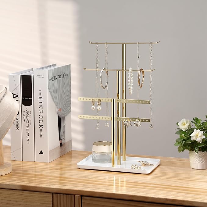 pickpiff Jewelry Stand Organizer Necklace Holder- 12.5" Sturdy Earring and Bracelet Hanger, Mirrored Gold, Aesthetic Room Decor