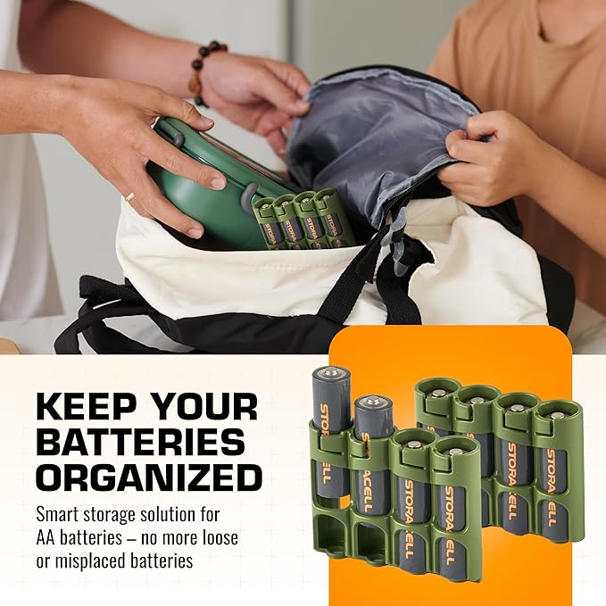 Storacell AA Battery Storage Caddy (2 Pack), Military Green, Holds 4 Batteries (Not Included)