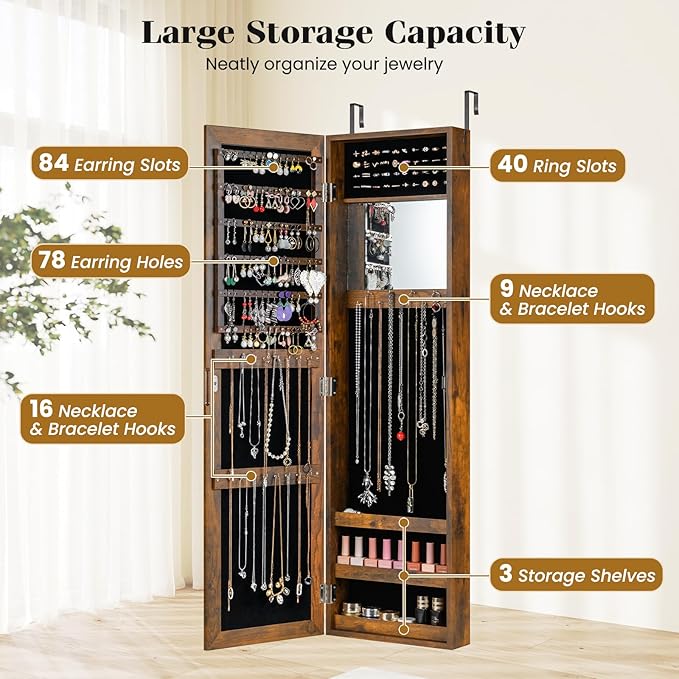 Giantex Wall Mounted Jewelry Cabinet with Full Length Mirror, Over The Door Jewelry Armoire Organizer with Large Storage, Makeup Mirror & Velvet Lining (Rustic Brown)