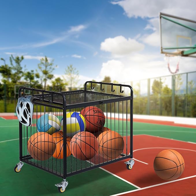 Matt Black Metal Rolling Cart Ball Gym Equipment Sports Gear Storage Portable Wheel Basket Lockable Cage Raised Handle Athletic Basketball Football Soccer Volleyball Racket School PE Class
