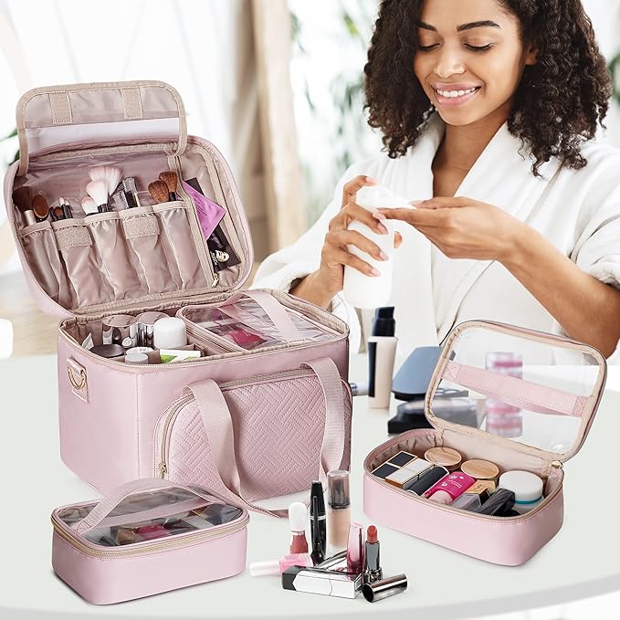 Travel Makeup Bag with 2 Pouches and Adjustable Dividers, Large Cosmetic Case Make up Organizer for Women Fits Bottles Vertically, Pink (Patented Design)