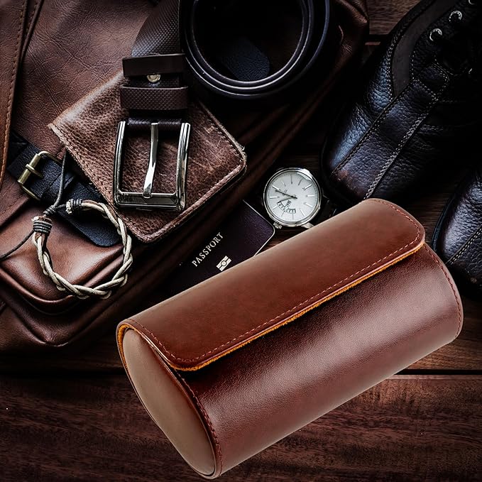 MR.OKAY 2 Watch Travel Case- Classic Leather Watch Case With Perfect Texture.Portable Watch Roll Or Organizer For Storage And Display. Luxury Gifts For Men, All Handmade by Artisans.