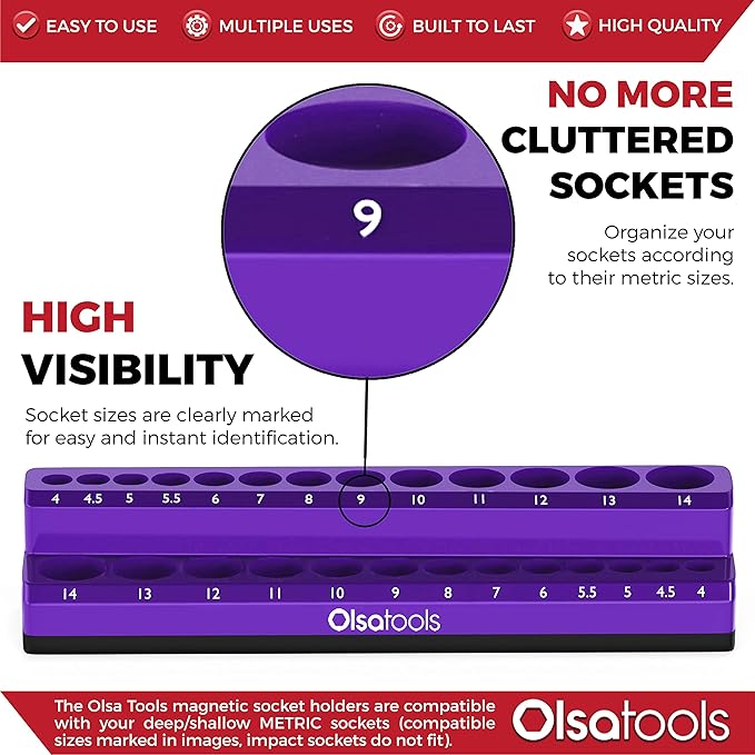 Olsa Tools Magnetic Socket Holder | 1/4-inch Drive | Metric | Purple | Holds 26 Sockets | Professional Quality Tools Organizer