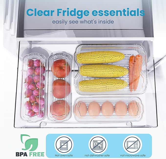 Fridge Organizers and Storage, 10 Pack Organizer Bins with Lids, Stackable Storage Containers for Fruits, Vegetable (Set of 10)