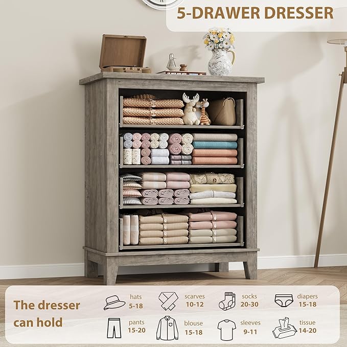 GarveeHome 4 Dresser for Bedroom, 34.8 in Tall Vertical Drawer Dresser with Large Storage, Freestanding Wooden Closet Chest for Bedroom, Living Room, Grey