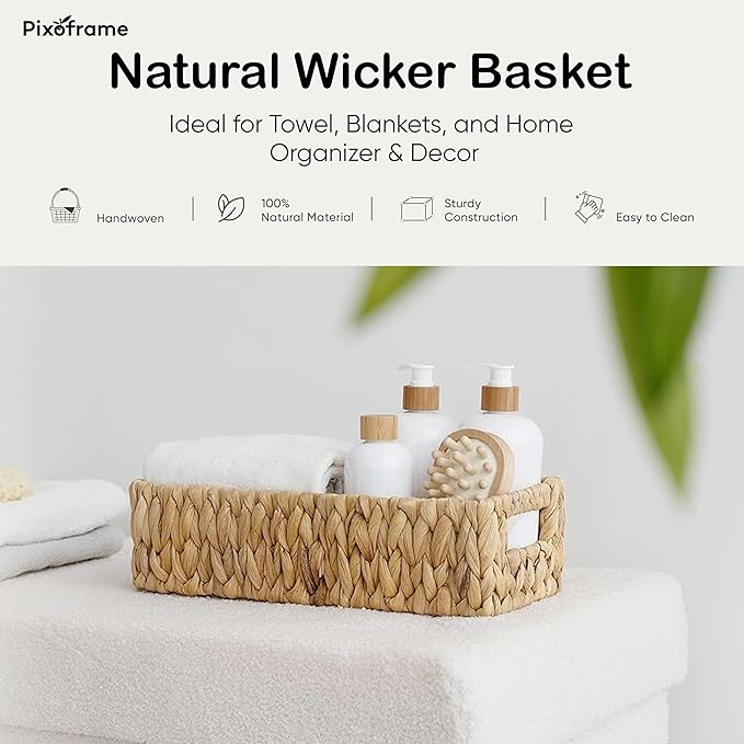 Rectangular Handwoven Wicker Basket - Water Hyacinth Storage Baskets with 2 Thickened Built-In Handles for Store Toilet Papers, Small Plants, Candles etc - 14.25”x6.5”x3.75” - Natural