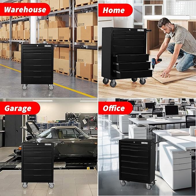 7-Drawer Rolling Tool Chest with Locking Wheels & Drawers, 13" D x 24.2" W x 34" H Mobile Tool Storage Cabinet, Heavy-Duty Garage Organizer w/Ergonomic Handle