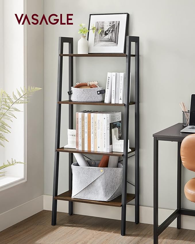 VASAGLE Ladder Shelf, 4-Tier Bookshelf, Storage Rack, Bookcase with Steel Frame, for Living Room, Home Office, Kitchen, Bedroom, Industrial Style, Hickory Brown and Ink Black ULLS44BF