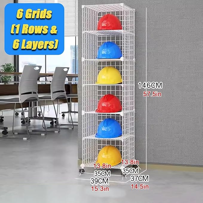 Stackable Safety Helmet Storage Boxes, Large Adjustable Hard Hat Placement Organizer Rack,with Wheels,for Construction Site/Garage/Workshop/Factory Helmet Display Shelf (White, 6 Grids-1 * 6)