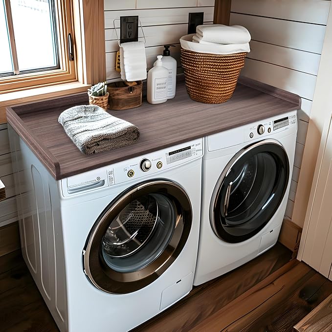 Kaboon Washer Dryer Countertop, Melamine Countertop with Edge Rails - 27.5" Depth x 54" Width Laundry Room Organization, Eucalyptus