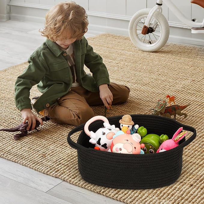 Small Woven Cotton Rope Basket Cute Baby Gift Baskets Empty 13.7"x10"x5" Decorative Storage for Organizing Shelves Closet Baby Nursery Basket Bin Toy Storage tote Organizer Black