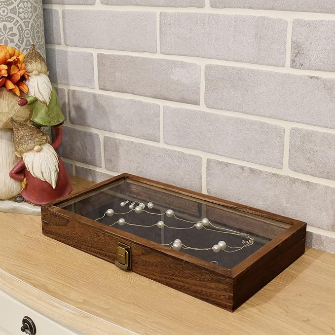 MOOCA 2 Pcs Wooden Jewelry Display Case Tempered Glass Top Lid, Gemstone Display Case, Pocket Knife Case with Metal Clasp & Removable Black Luxurious MDF Velvet Jewelry Pad, Brown Color