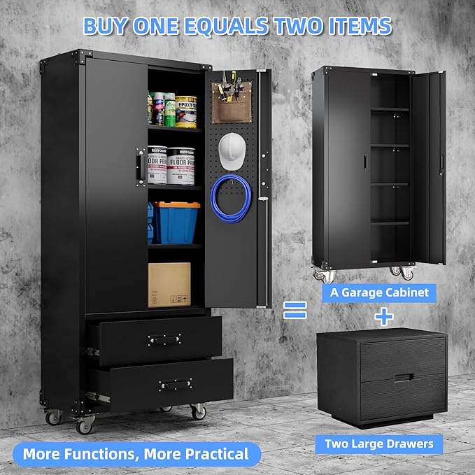 SUXXAN Rolling Storage Cabinet with 2 Doors and 2 Drawers, Heavy Duty Metal Storage Cabinet with Shelves, Locking Steel Cabinet for Warehouse, Home, Office (Black)