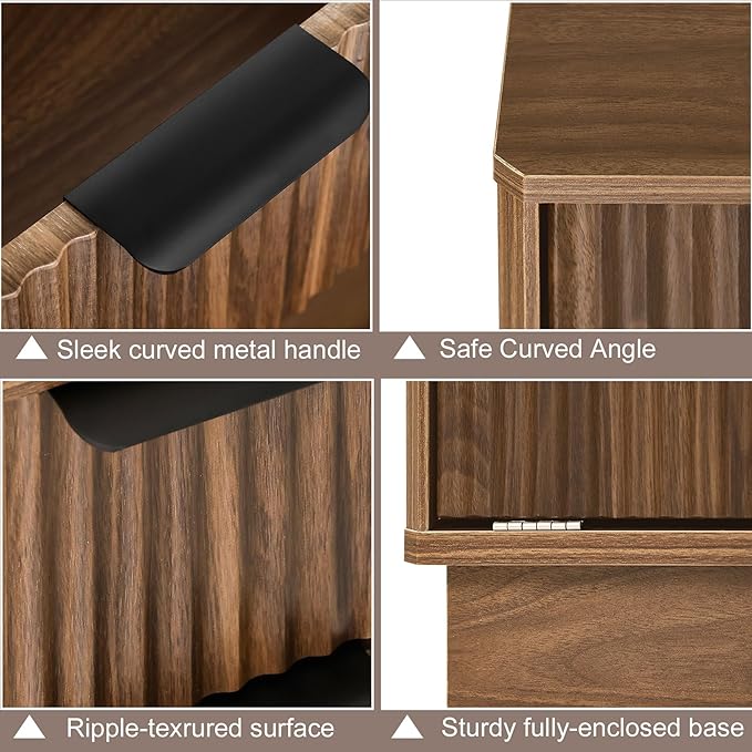 Double Tilt Out Trash Can Cabinet, Laundry Hamper Cabinet with 2 Drawers, Trash Can Holder Cabinet, Wave-Textured Front, 2 × 10 Gallon, Walnut