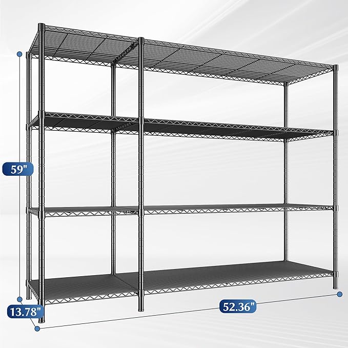 52.4W Wire Shelving Rack, 4Tier Metal Shelving Unit,1120LBS Heavy Duty Storage Shelves,Adjustable Pantry Shelves, Metal Shelf and Storage Rack,Industrial Shelving 52.4Wx13.8Dx59H,Black