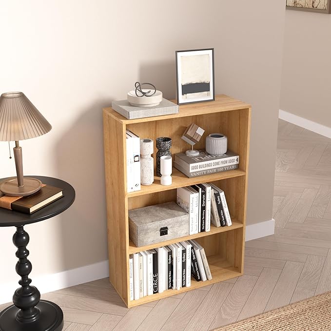 Wooden 3 Tier Book Shelf,3 Cube Storage Organizer,3 Tier Low Bookcase Storage Display Organizer, 33 Inch Versatile Cubes Shelf and Cubby Unit for Any Space (Natural Oak, 3 Cube-W(23.6inch)