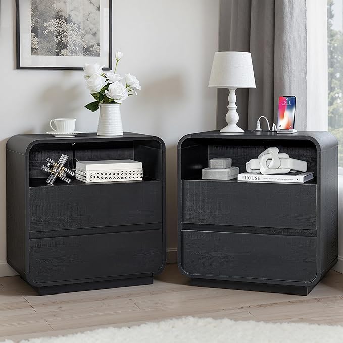 Black Nightstand Set of 2 with Charging Station, 25" Tall Wood Bedside Table, Modern Night Stand with 2 Storage Drawers, Curved Profile, Handleless, Modern End Table for Bedroom