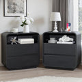 Black Nightstand Set of 2 with Charging Station, 25" Tall Wood Bedside Table, Modern Night Stand with 2 Storage Drawers, Curved Profile, Handleless, Modern End Table for Bedroom